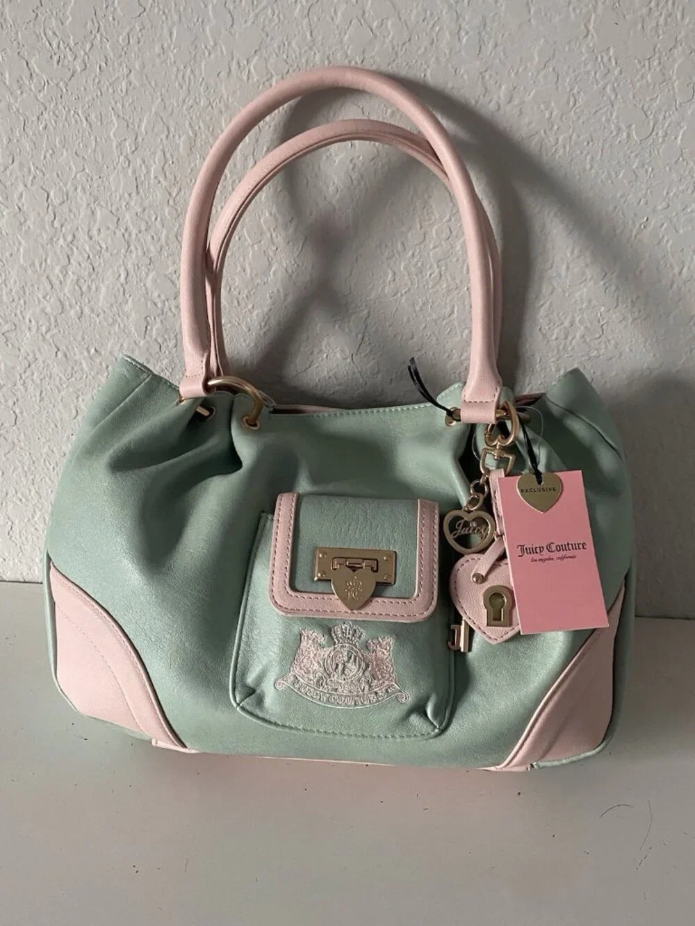 Juicy Couture Royal To Juicy Satchel Bag In Frosty Green Pink W/Charm VIRAL‎ NEW